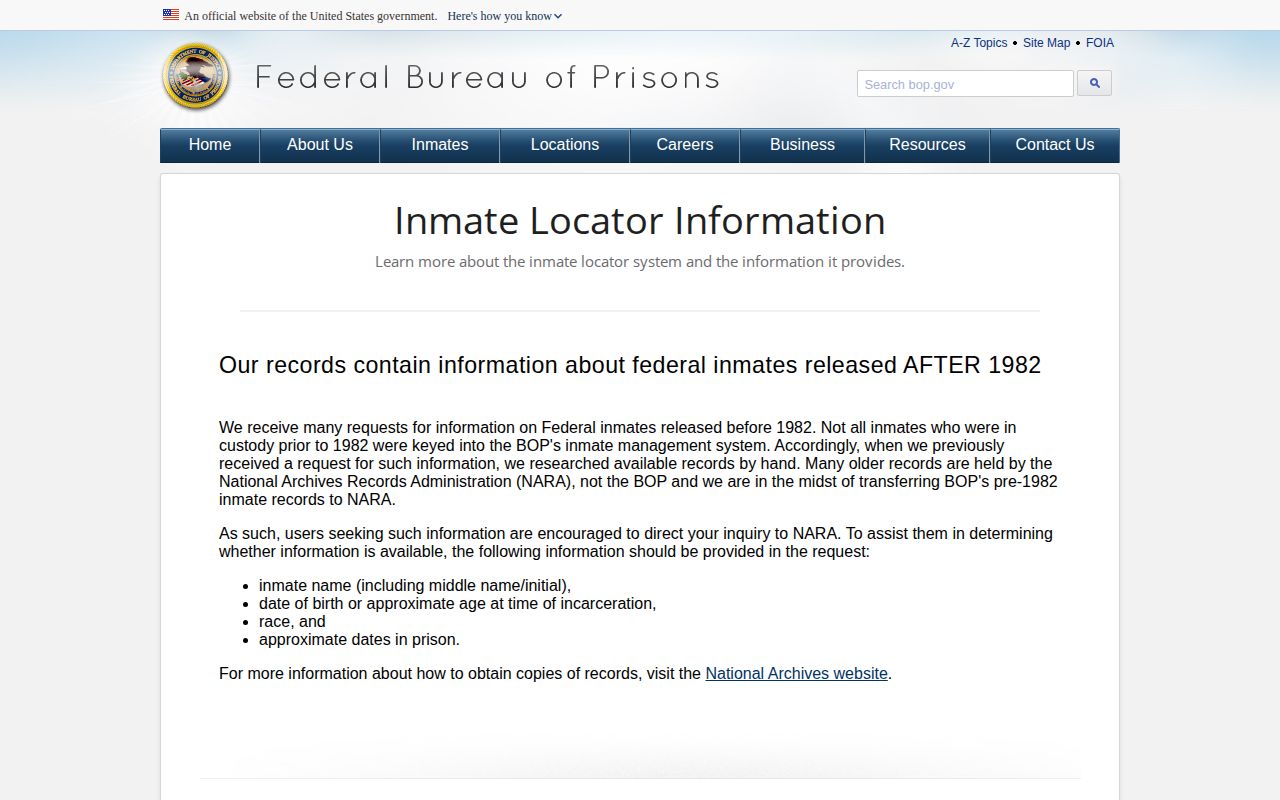 BOP released inmate result fields for a Coffey County federal release check